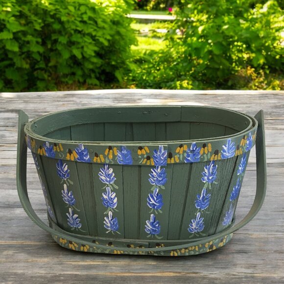 SPRING BASKET -- Handpainted, Green with Texas Bluebonnets & Sunflowers, Handle - Picture 1 of 6